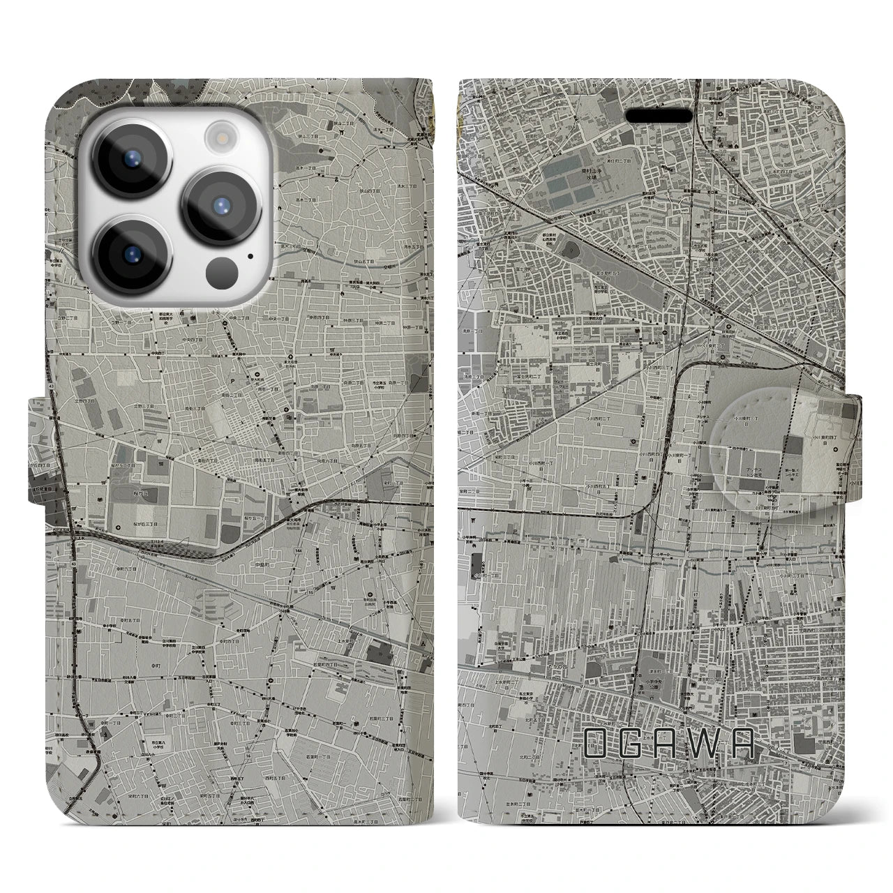 【小川(東京都)】地図柄iPhoneケース(手帳タイプ)モノトーン・iPhone 14 Pro 用