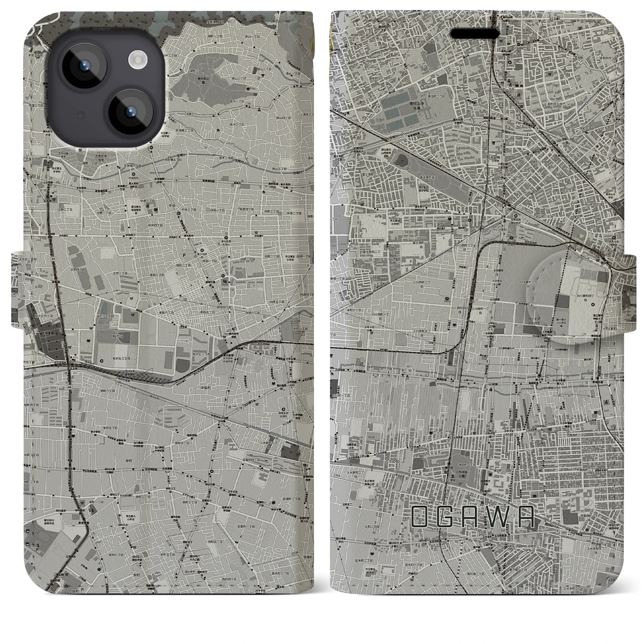 【小川(東京都)】地図柄iPhoneケース(手帳タイプ)モノトーン・iPhone 14 Plus 用