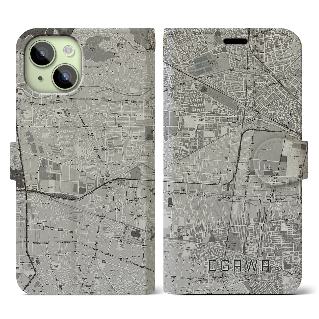 【小川(東京都)】地図柄iPhoneケース(手帳タイプ)モノトーン・iPhone 15 用