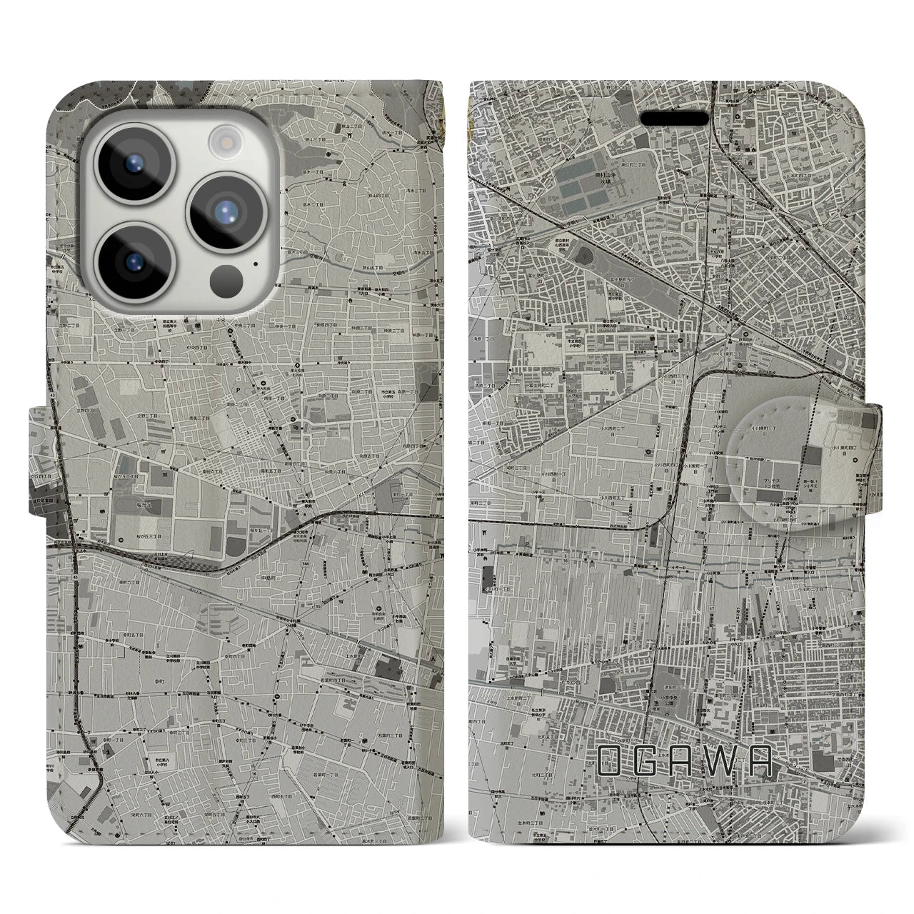 【小川(東京都)】地図柄iPhoneケース(手帳タイプ)モノトーン・iPhone 15 Pro 用