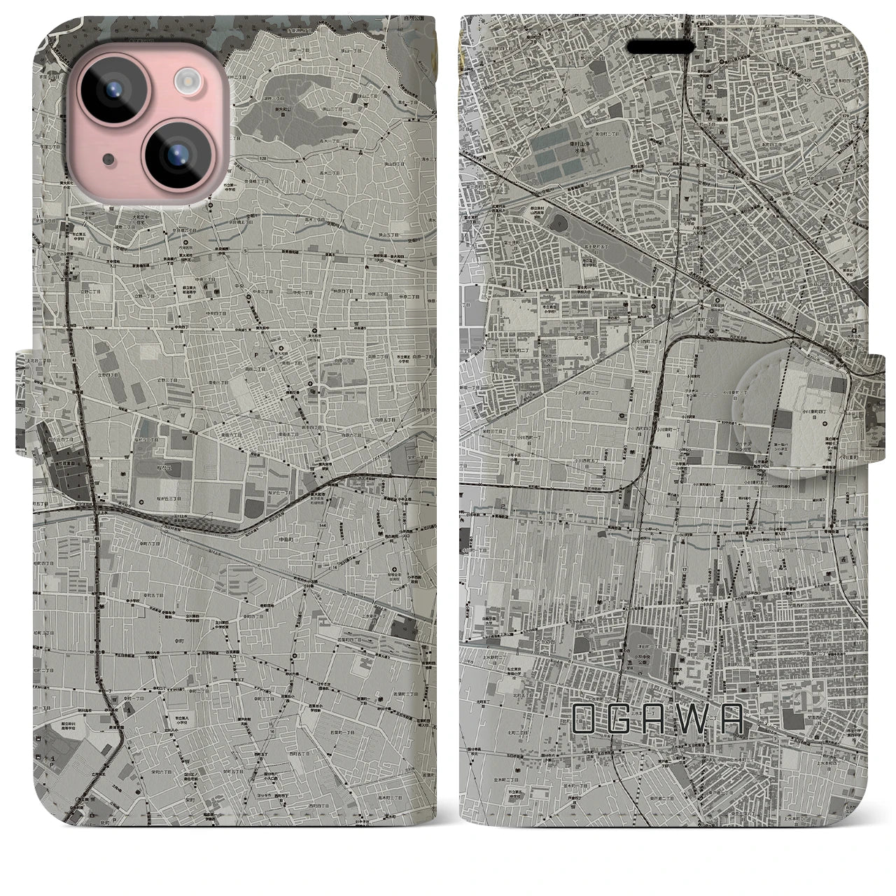 【小川(東京都)】地図柄iPhoneケース(手帳タイプ)モノトーン・iPhone 15 Plus 用