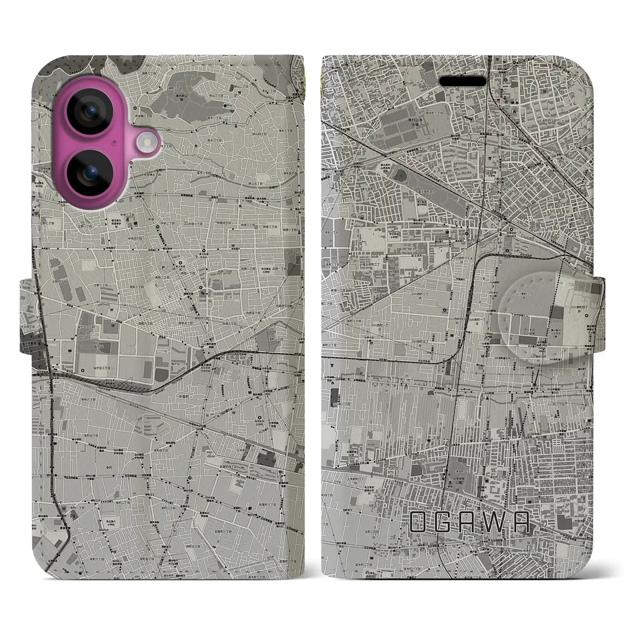 【小川(東京都)】地図柄iPhoneケース(手帳タイプ)モノトーン・iPhone 16 Pro 用