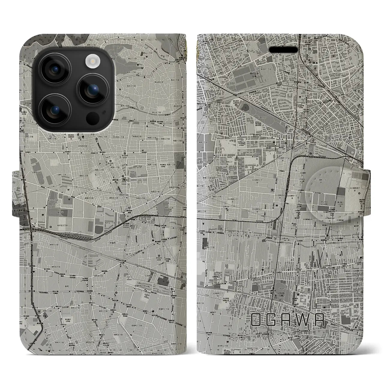 【小川(東京都)】地図柄iPhoneケース(手帳タイプ)モノトーン・iPhone 16 用