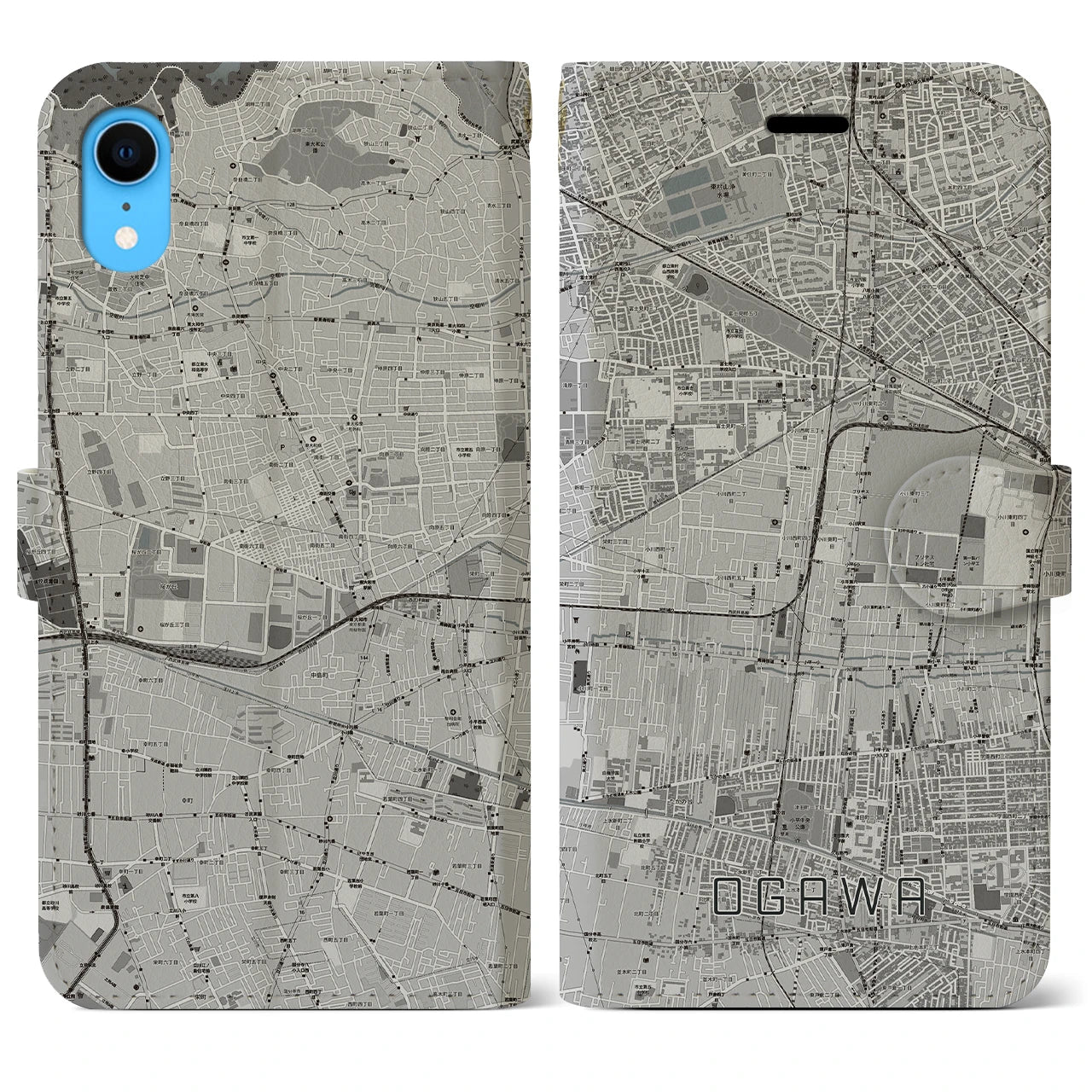 【小川(東京都)】地図柄iPhoneケース(手帳タイプ)モノトーン・iPhone XR 用