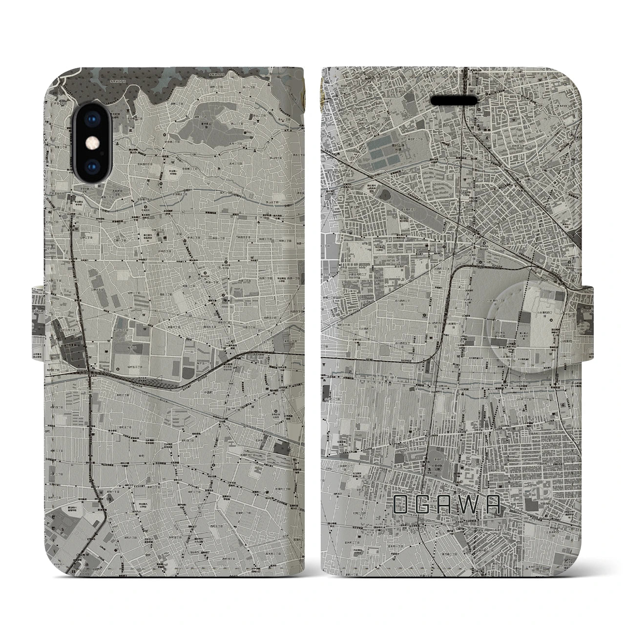 【小川(東京都)】地図柄iPhoneケース(手帳タイプ)モノトーン・iPhone XS / X 用