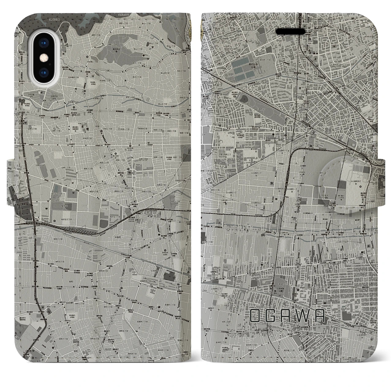 【小川(東京都)】地図柄iPhoneケース(手帳タイプ)モノトーン・iPhone XS Max 用