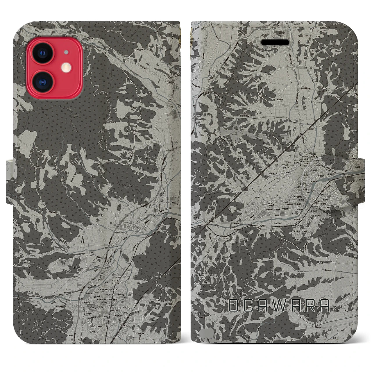【大河原(宮城県)】地図柄iPhoneケース(手帳タイプ)モノトーン・iPhone 11 用