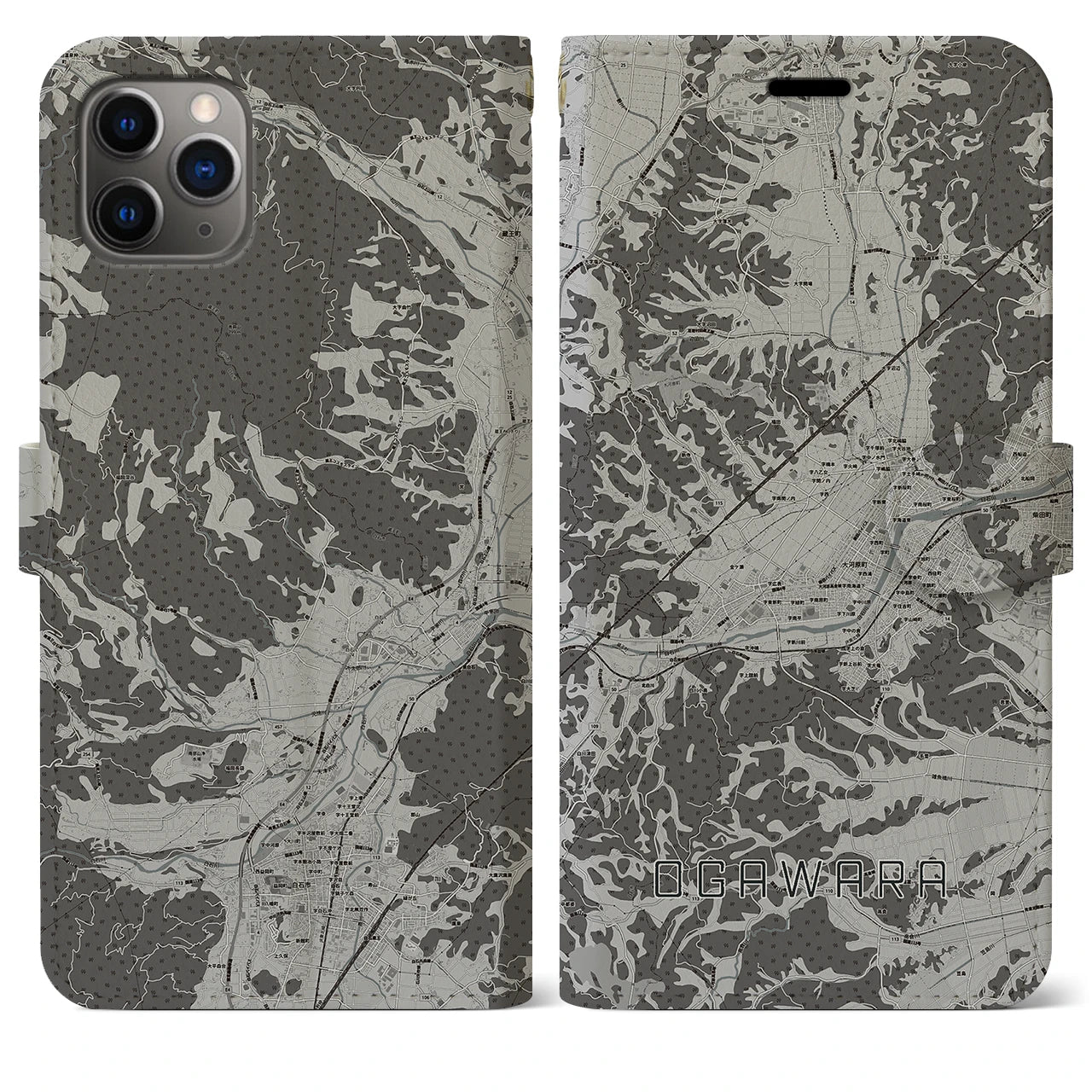 【大河原(宮城県)】地図柄iPhoneケース(手帳タイプ)モノトーン・iPhone 11 Pro Max 用