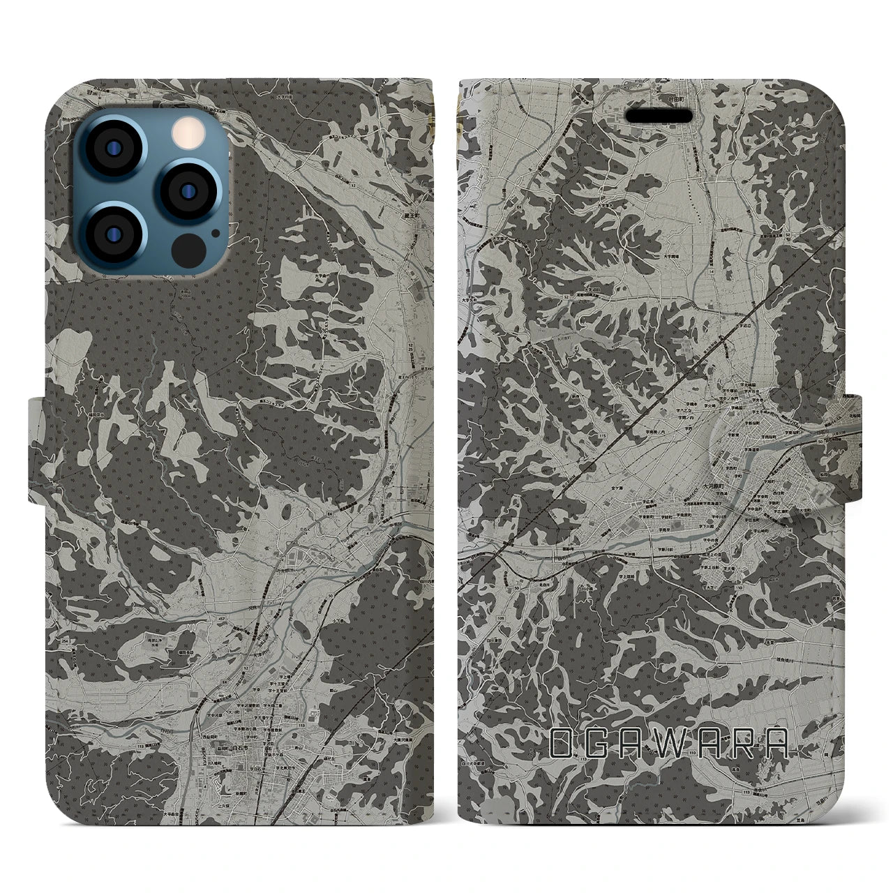 【大河原(宮城県)】地図柄iPhoneケース(手帳タイプ)モノトーン・iPhone 12 / 12 Pro 用