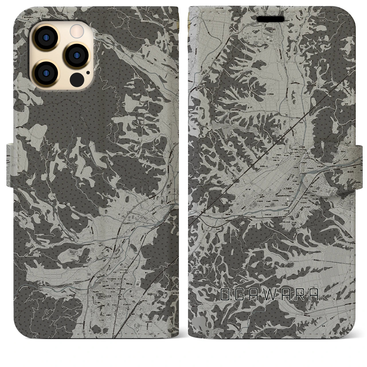 【大河原(宮城県)】地図柄iPhoneケース(手帳タイプ)モノトーン・iPhone 12 Pro Max 用