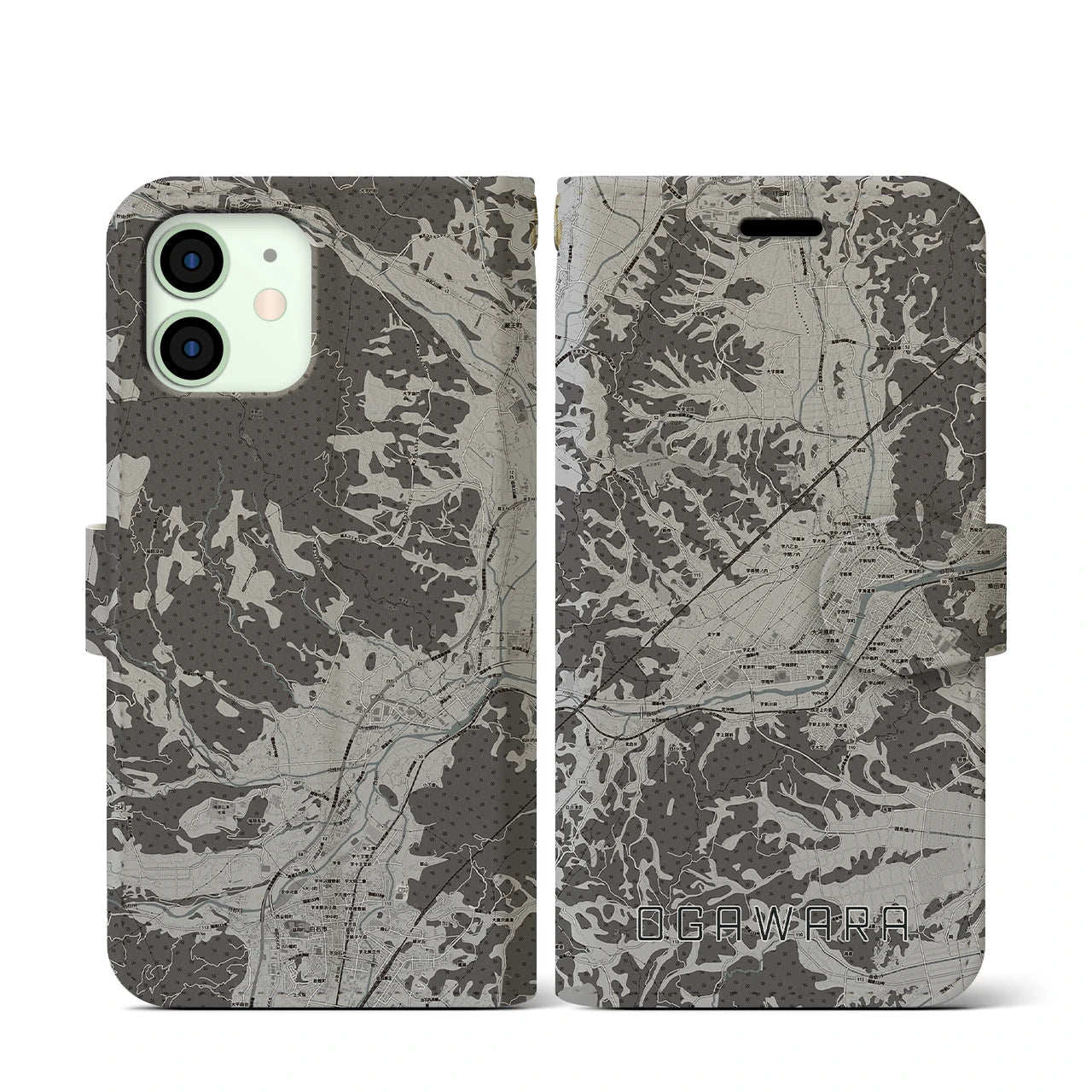 【大河原(宮城県)】地図柄iPhoneケース(手帳タイプ)モノトーン・iPhone 12 mini 用