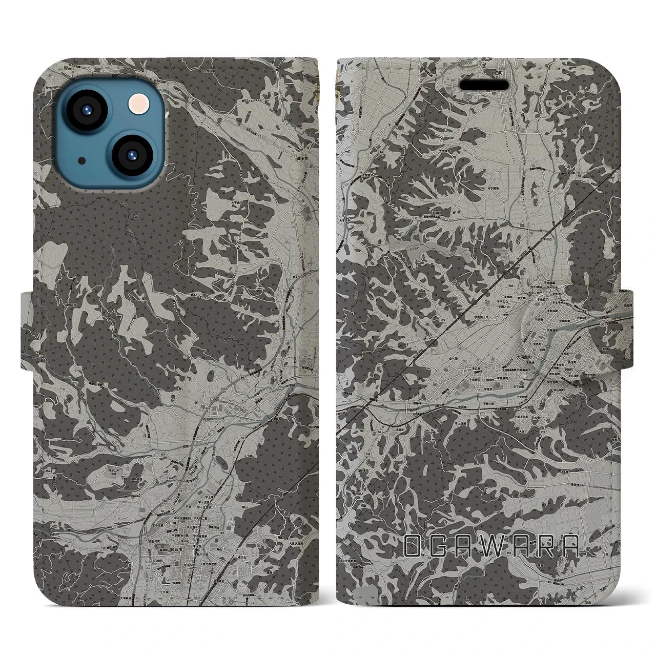 【大河原(宮城県)】地図柄iPhoneケース(手帳タイプ)モノトーン・iPhone 13 用