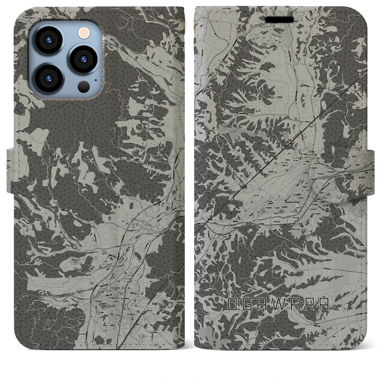 【大河原(宮城県)】地図柄iPhoneケース(手帳タイプ)モノトーン・iPhone 13 Pro Max 用