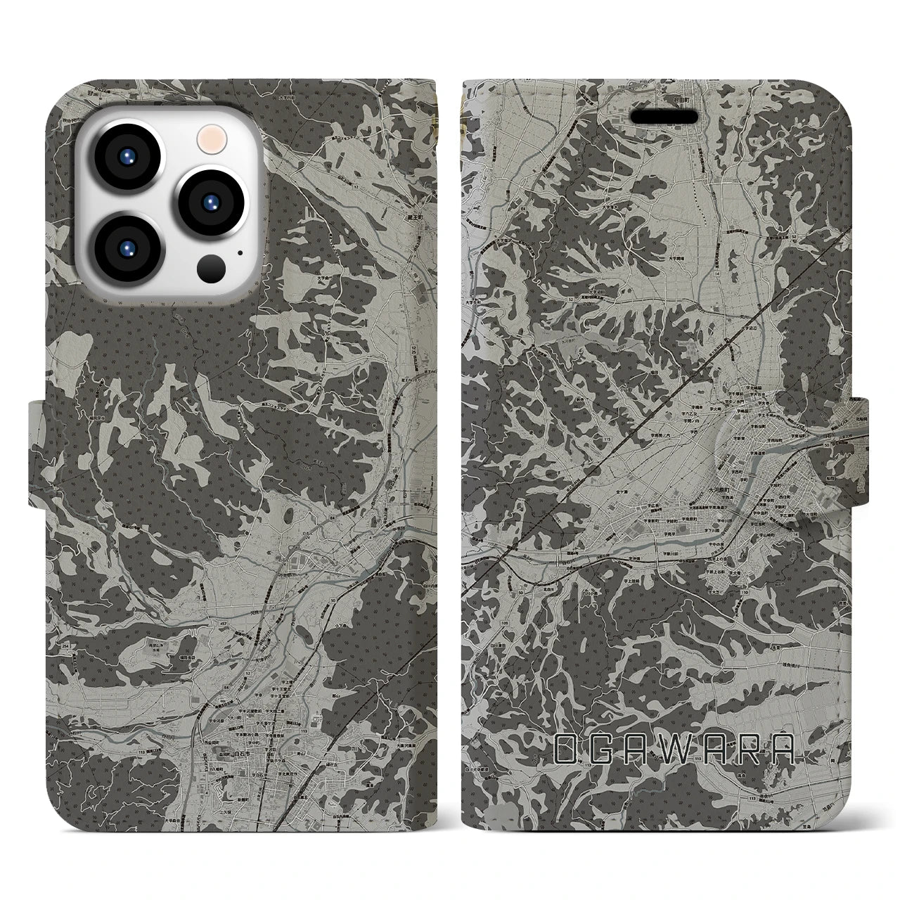 【大河原(宮城県)】地図柄iPhoneケース(手帳タイプ)モノトーン・iPhone 13 Pro 用