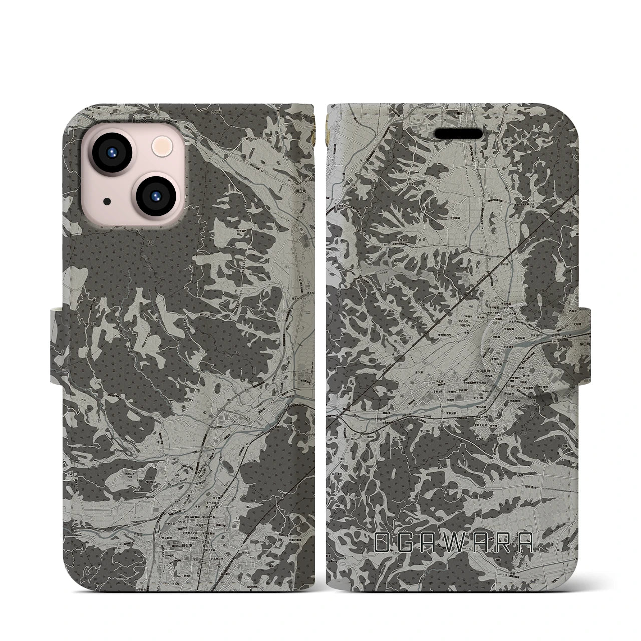 【大河原(宮城県)】地図柄iPhoneケース(手帳タイプ)モノトーン・iPhone 13 mini 用