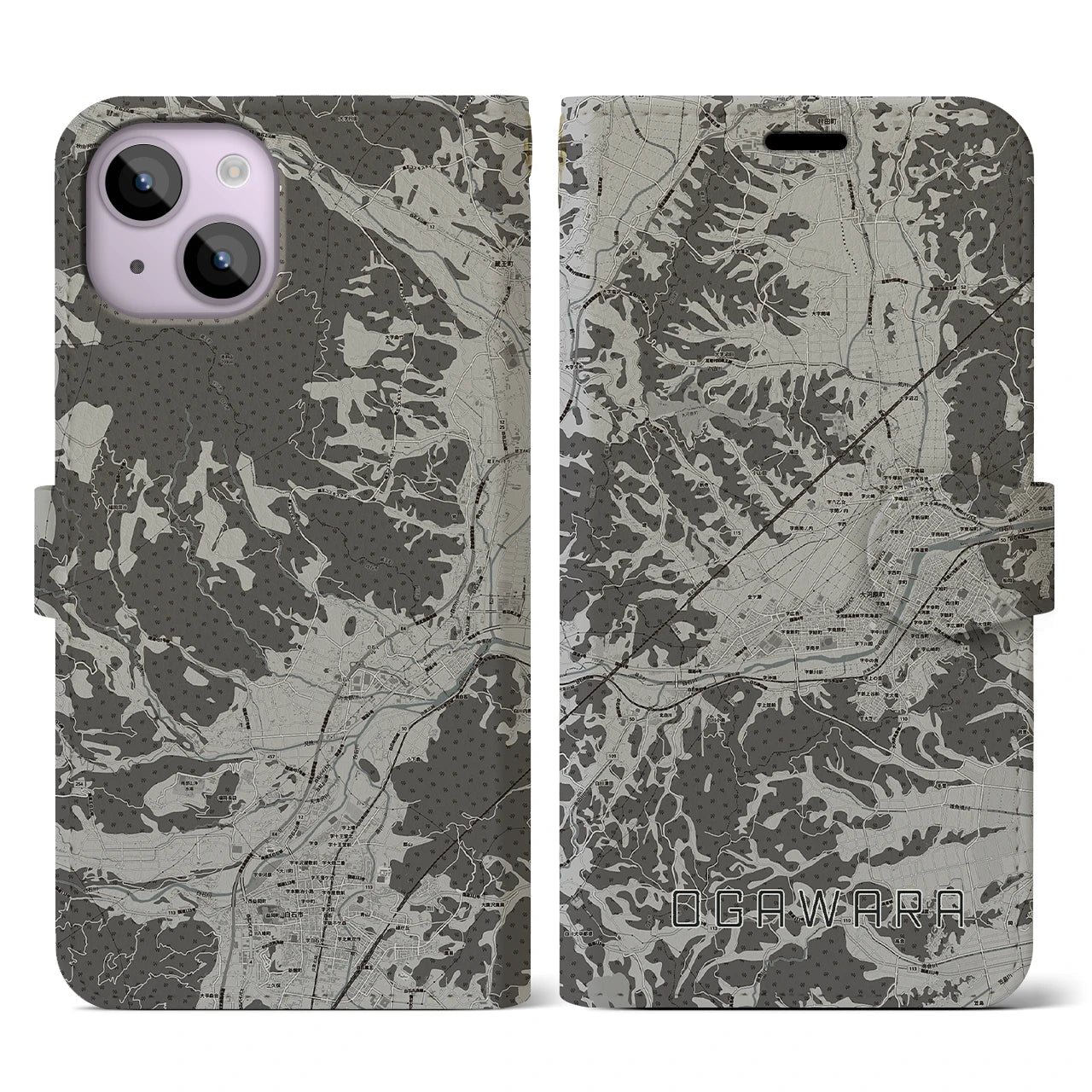 【大河原(宮城県)】地図柄iPhoneケース(手帳タイプ)モノトーン・iPhone 14 用