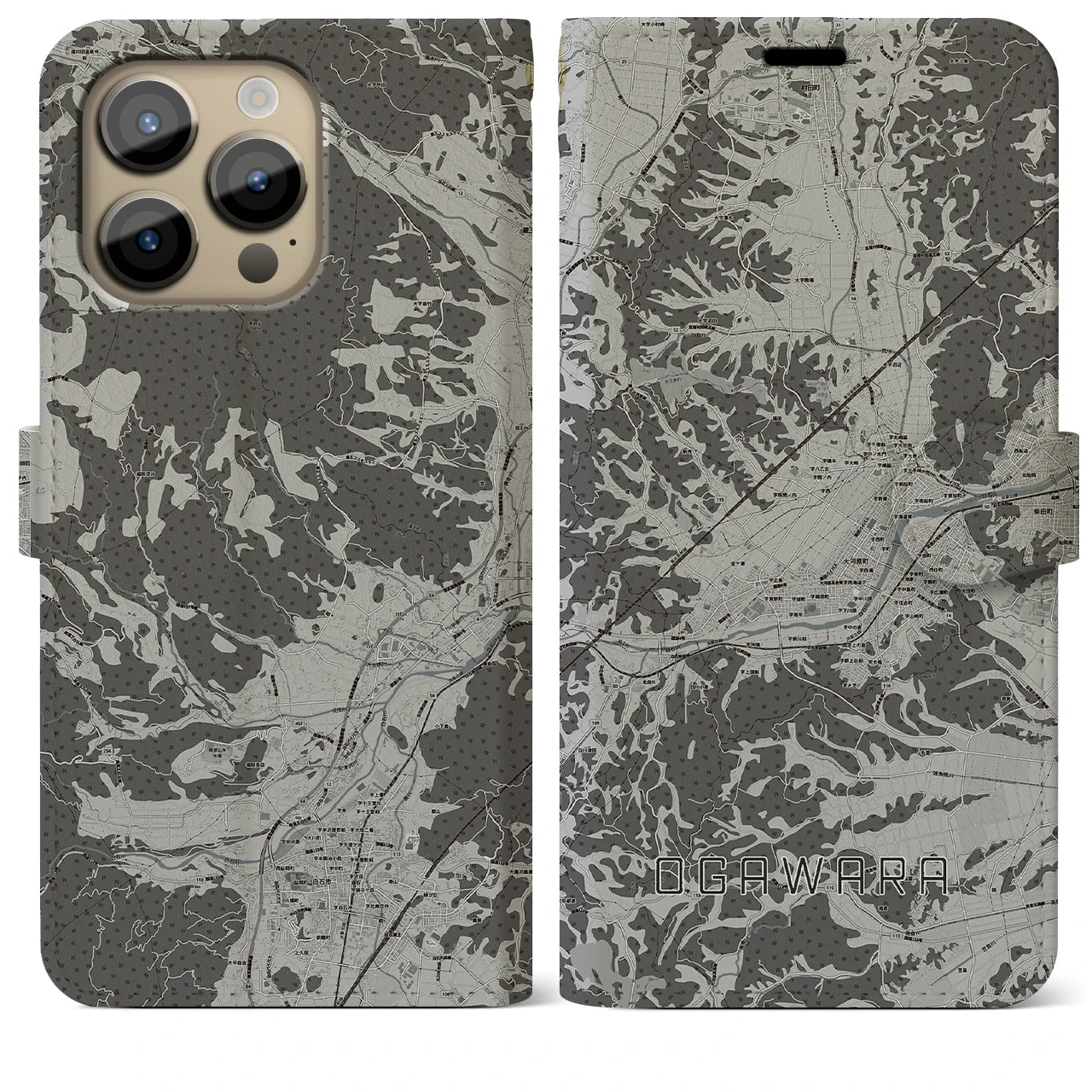 【大河原(宮城県)】地図柄iPhoneケース(手帳タイプ)モノトーン・iPhone 14 Pro Max 用