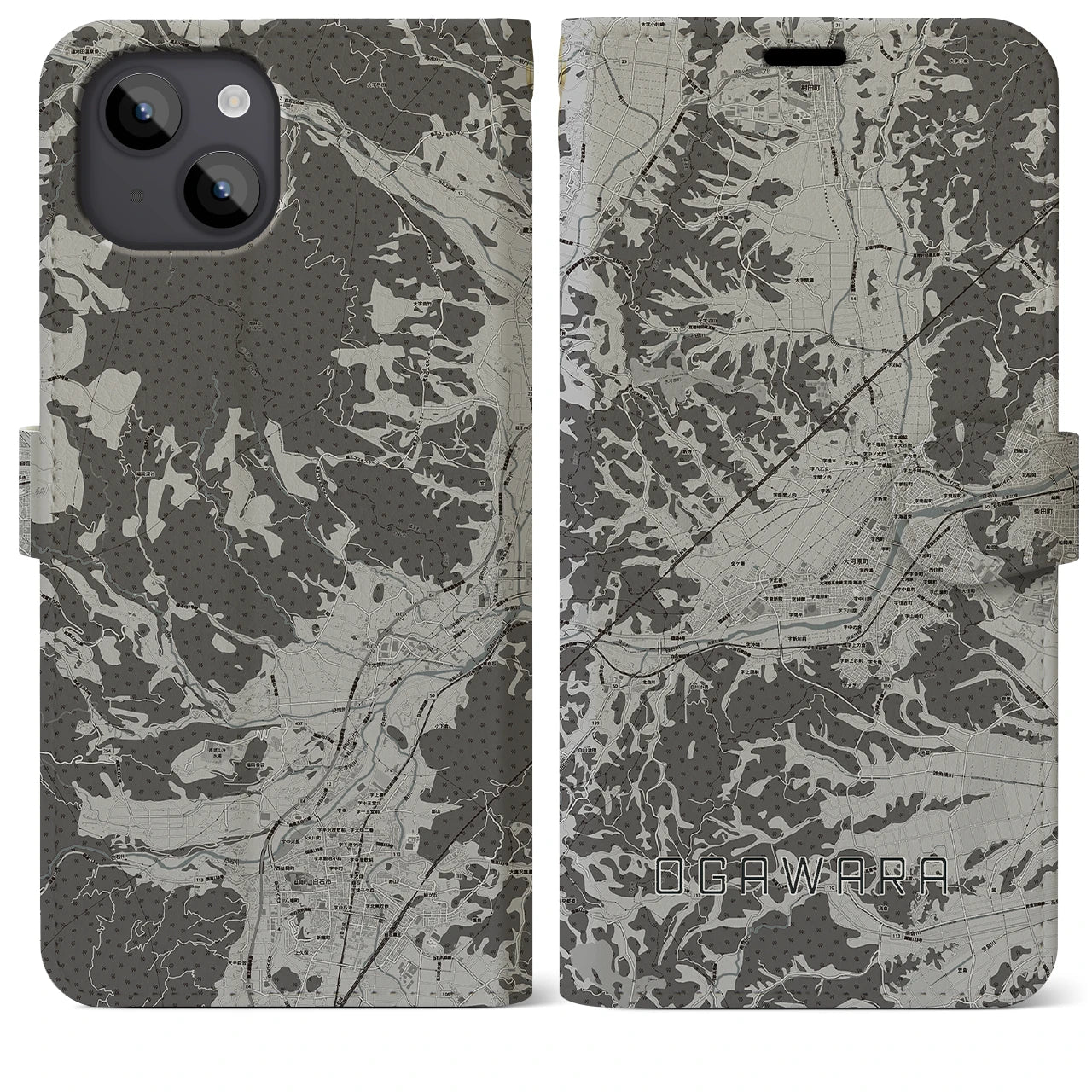 【大河原(宮城県)】地図柄iPhoneケース(手帳タイプ)モノトーン・iPhone 14 Plus 用