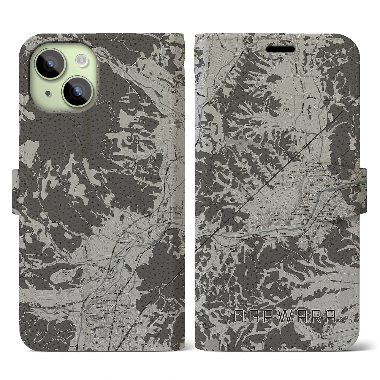 【大河原(宮城県)】地図柄iPhoneケース(手帳タイプ)モノトーン・iPhone 15 用