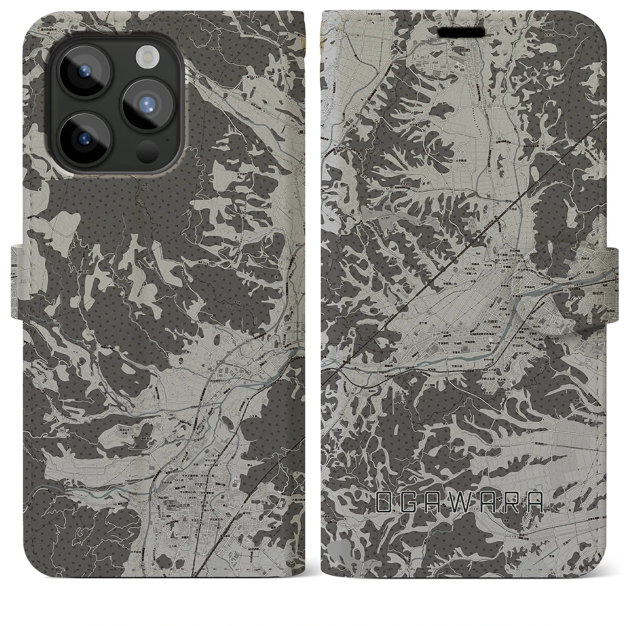 【大河原(宮城県)】地図柄iPhoneケース(手帳タイプ)モノトーン・iPhone 15 Pro Max 用
