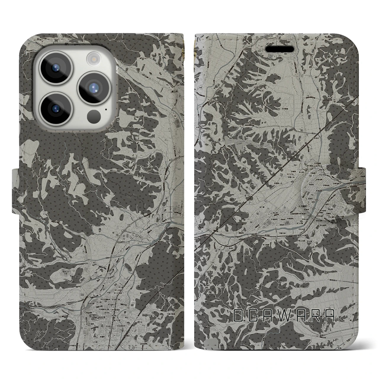 【大河原(宮城県)】地図柄iPhoneケース(手帳タイプ)モノトーン・iPhone 15 Pro 用