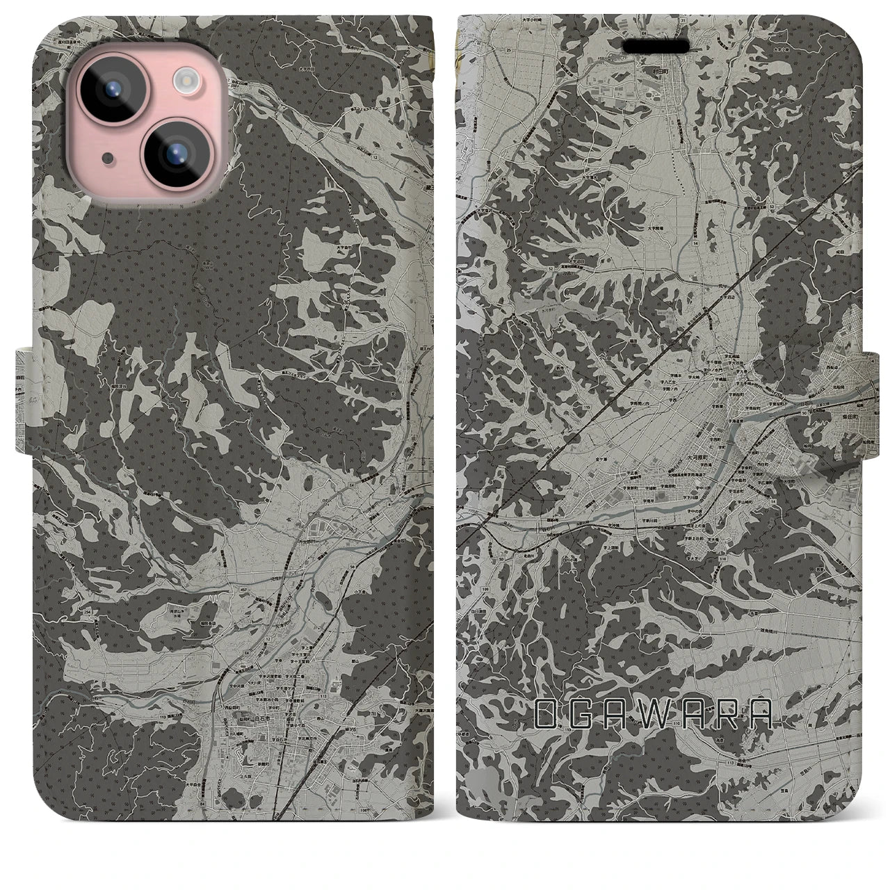 【大河原(宮城県)】地図柄iPhoneケース(手帳タイプ)モノトーン・iPhone 15 Plus 用