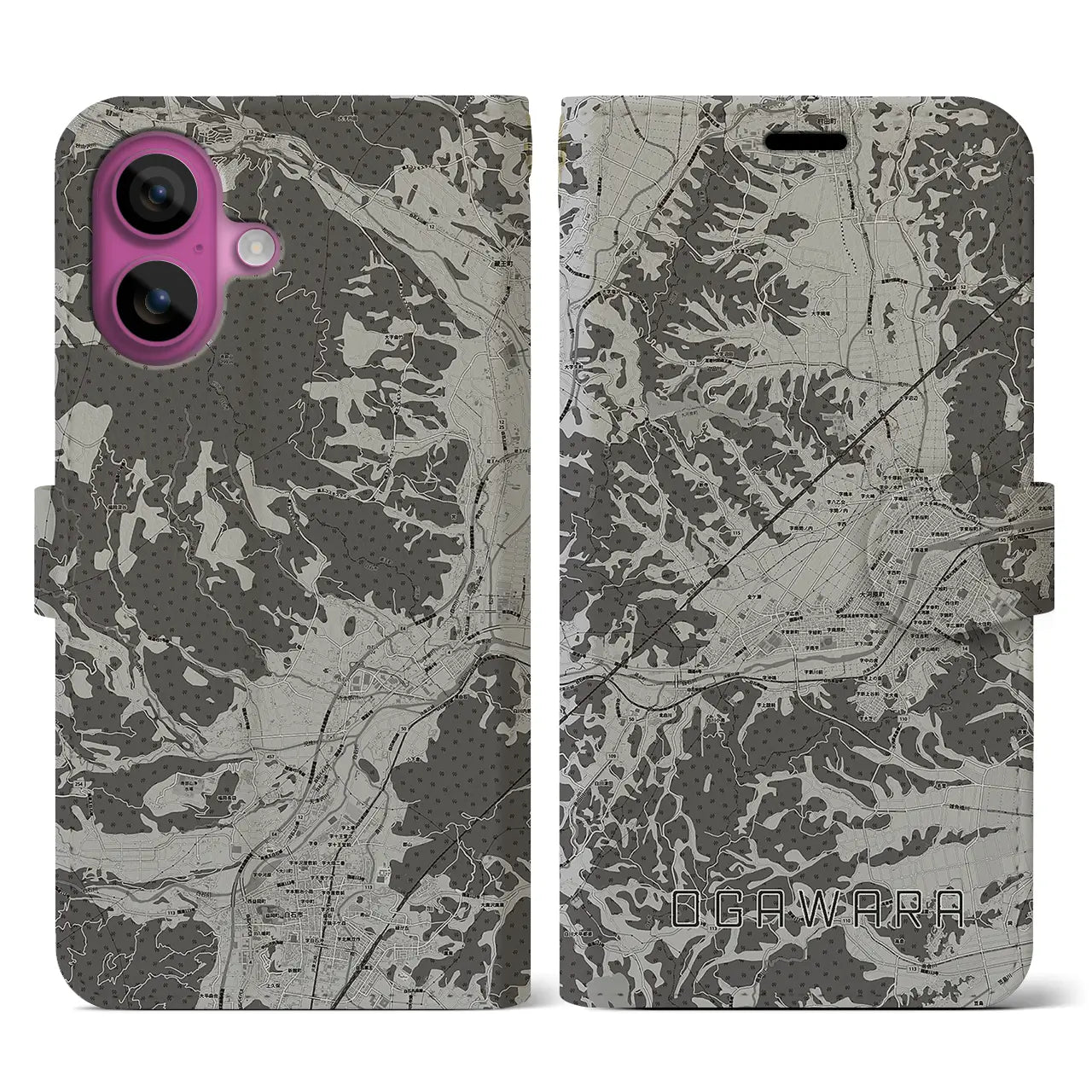 【大河原(宮城県)】地図柄iPhoneケース(手帳タイプ)モノトーン・iPhone 16 Pro 用