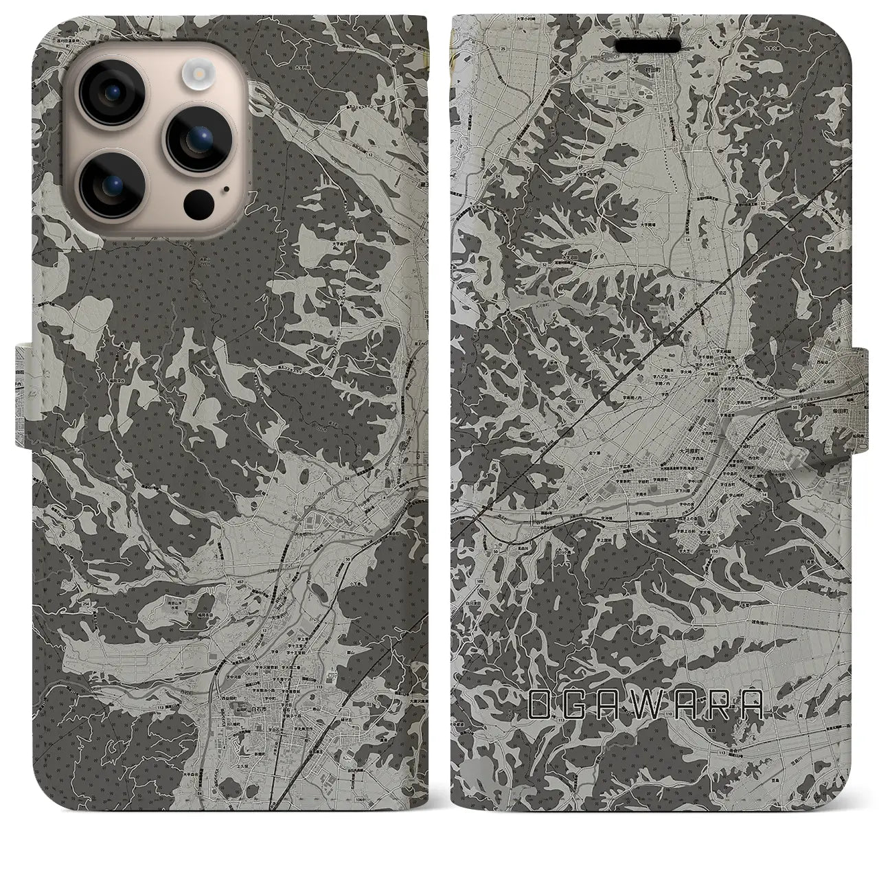 【大河原(宮城県)】地図柄iPhoneケース(手帳タイプ)モノトーン・iPhone 16 Plus 用