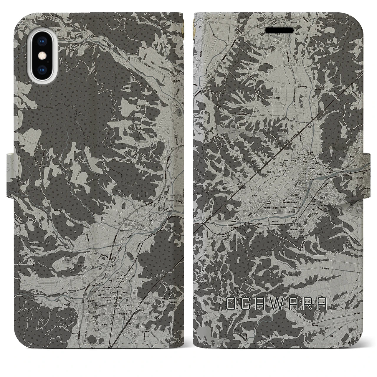 【大河原(宮城県)】地図柄iPhoneケース(手帳タイプ)モノトーン・iPhone XS Max 用