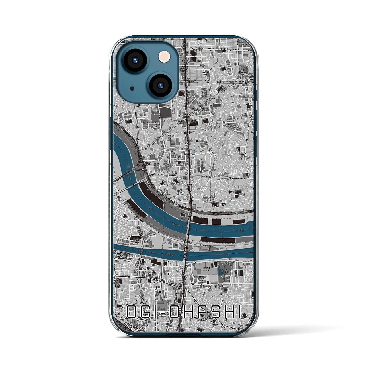 【扇大橋(東京都)】地図柄iPhoneケース(クリアタイプ)モノトーン・iPhone 13 用