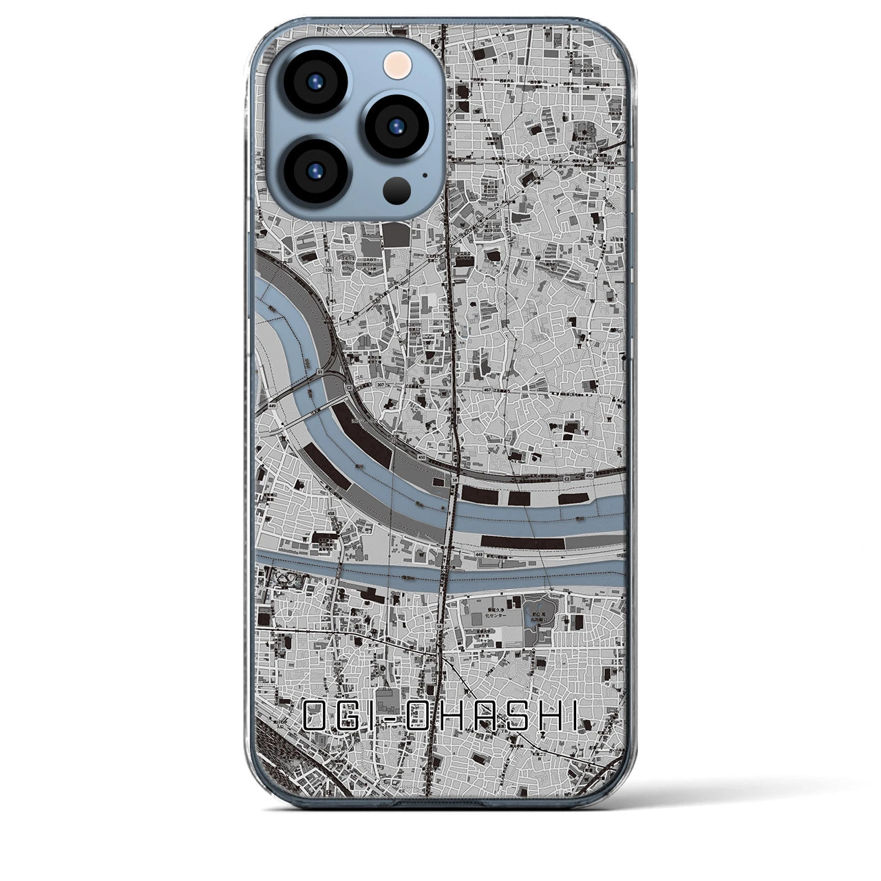 【扇大橋(東京都)】地図柄iPhoneケース(クリアタイプ)モノトーン・iPhone 13 Pro Max 用