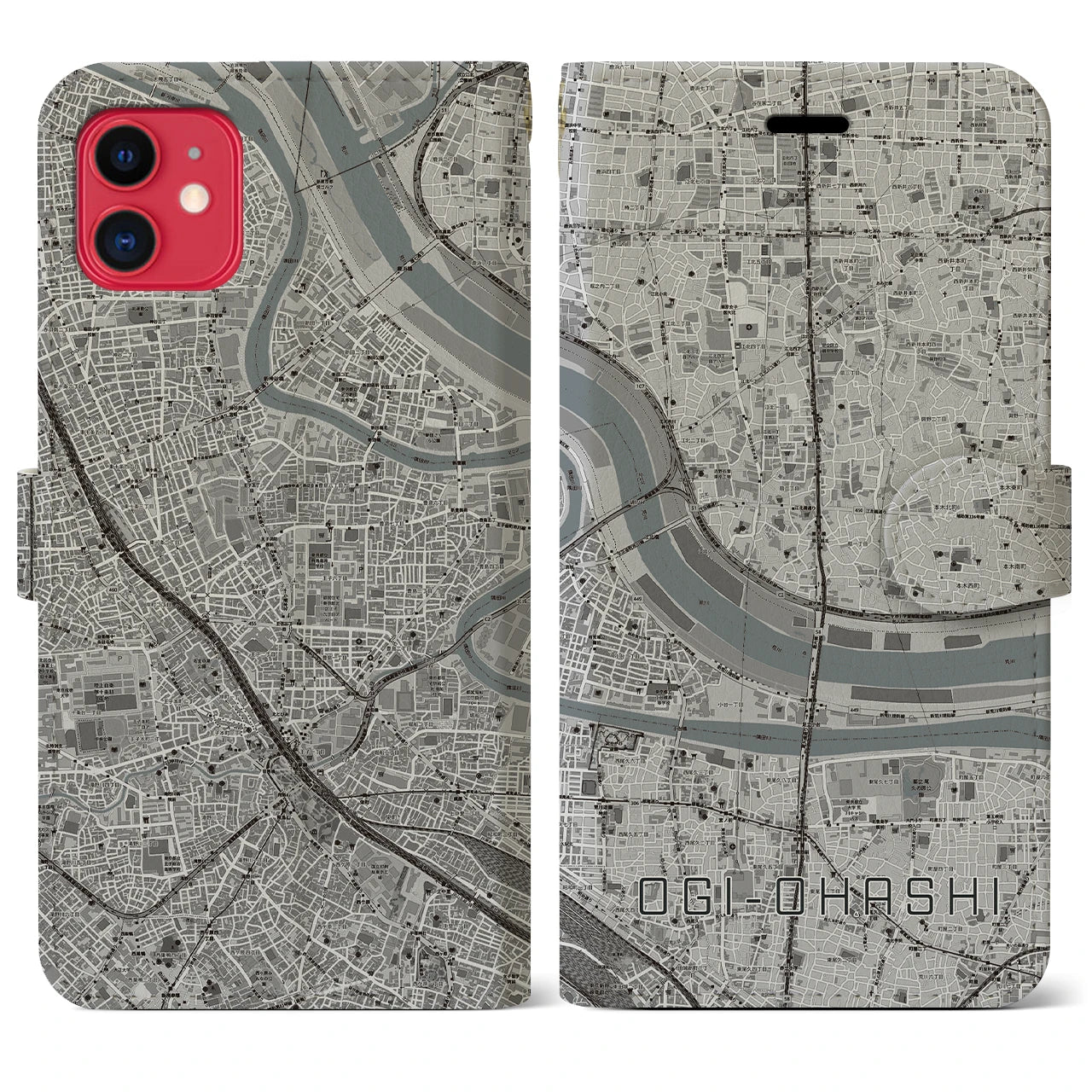 【扇大橋(東京都)】地図柄iPhoneケース(手帳タイプ)モノトーン・iPhone 11 用