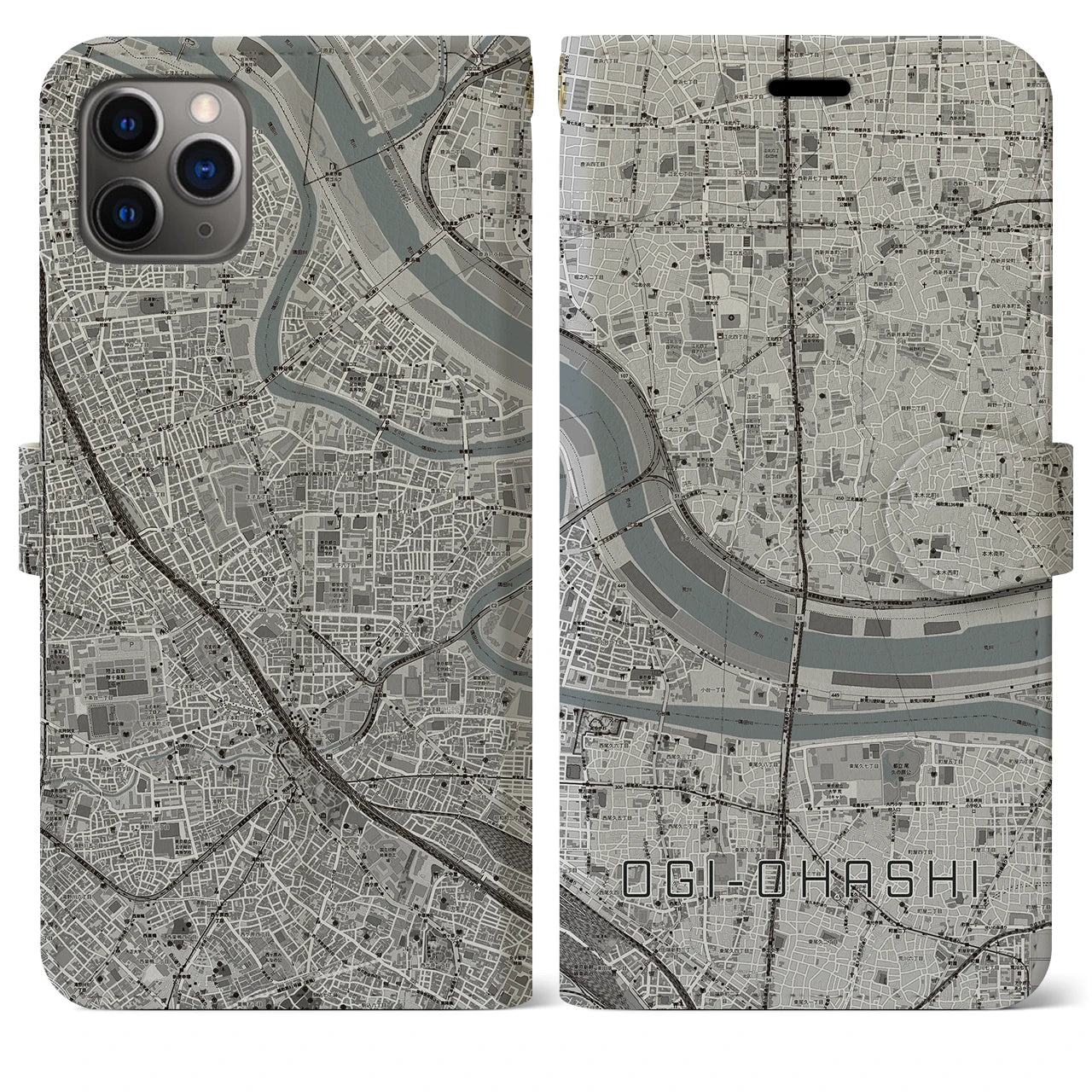 【扇大橋(東京都)】地図柄iPhoneケース(手帳タイプ)モノトーン・iPhone 11 Pro Max 用