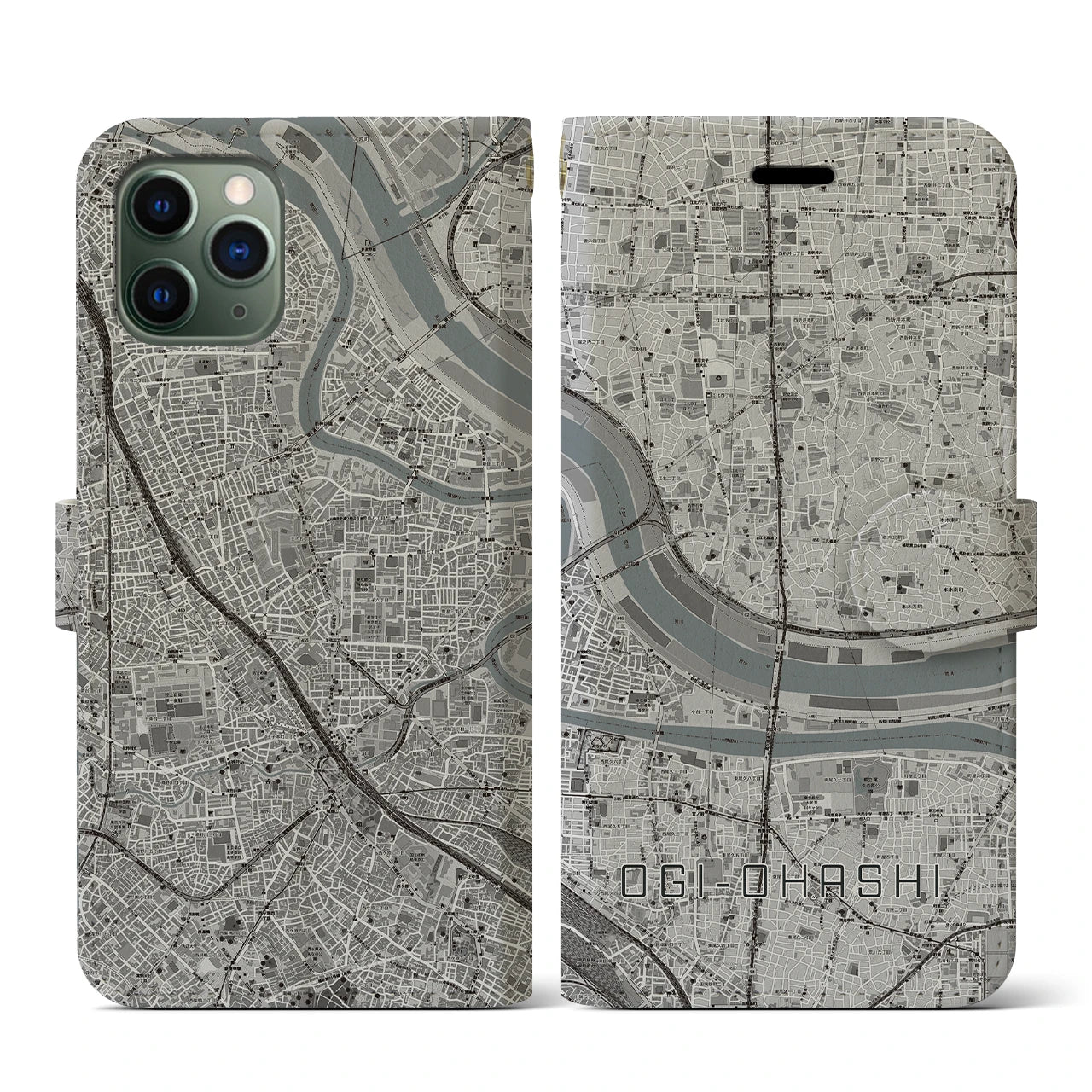 【扇大橋(東京都)】地図柄iPhoneケース(手帳タイプ)モノトーン・iPhone 11 Pro 用