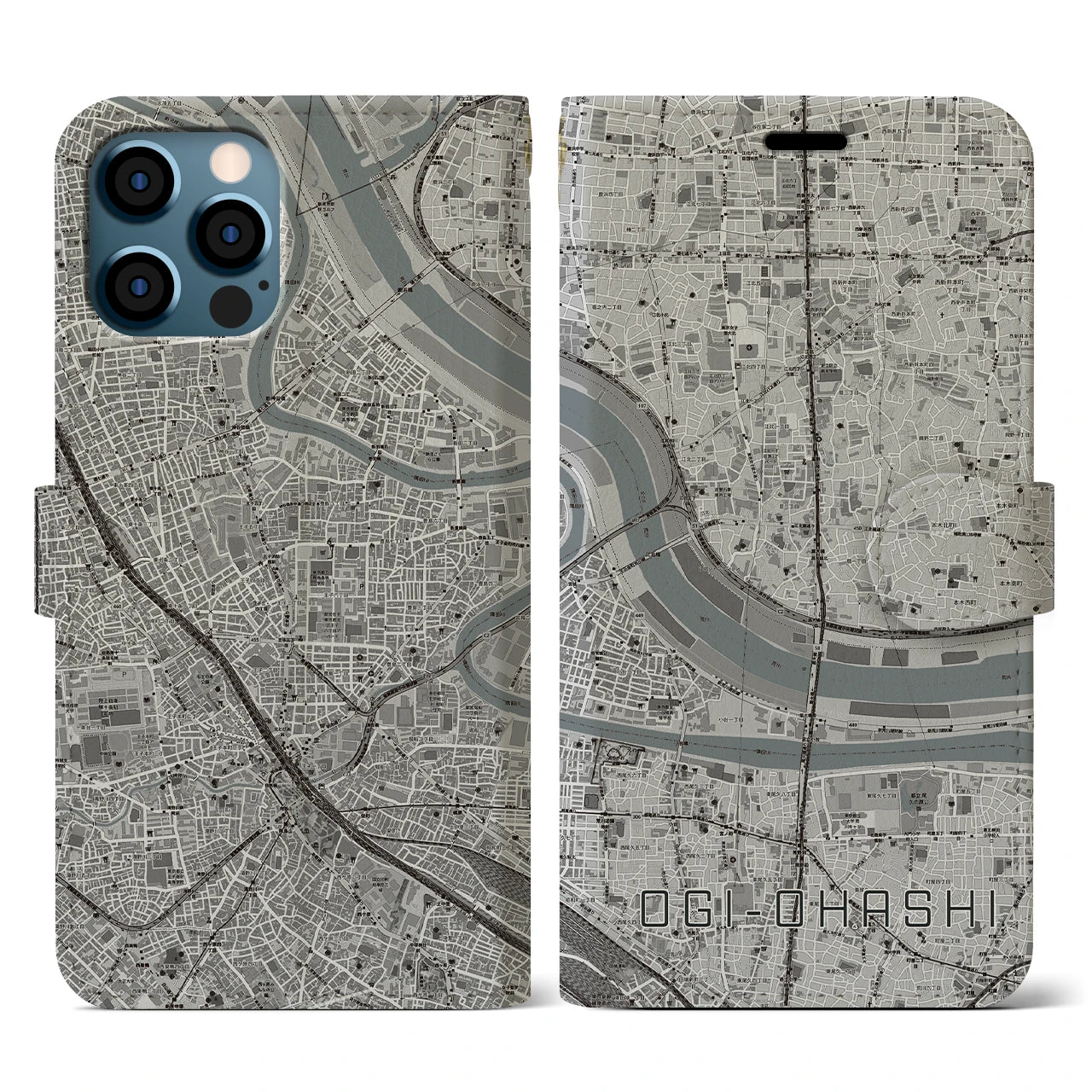 【扇大橋(東京都)】地図柄iPhoneケース(手帳タイプ)モノトーン・iPhone 12 / 12 Pro 用