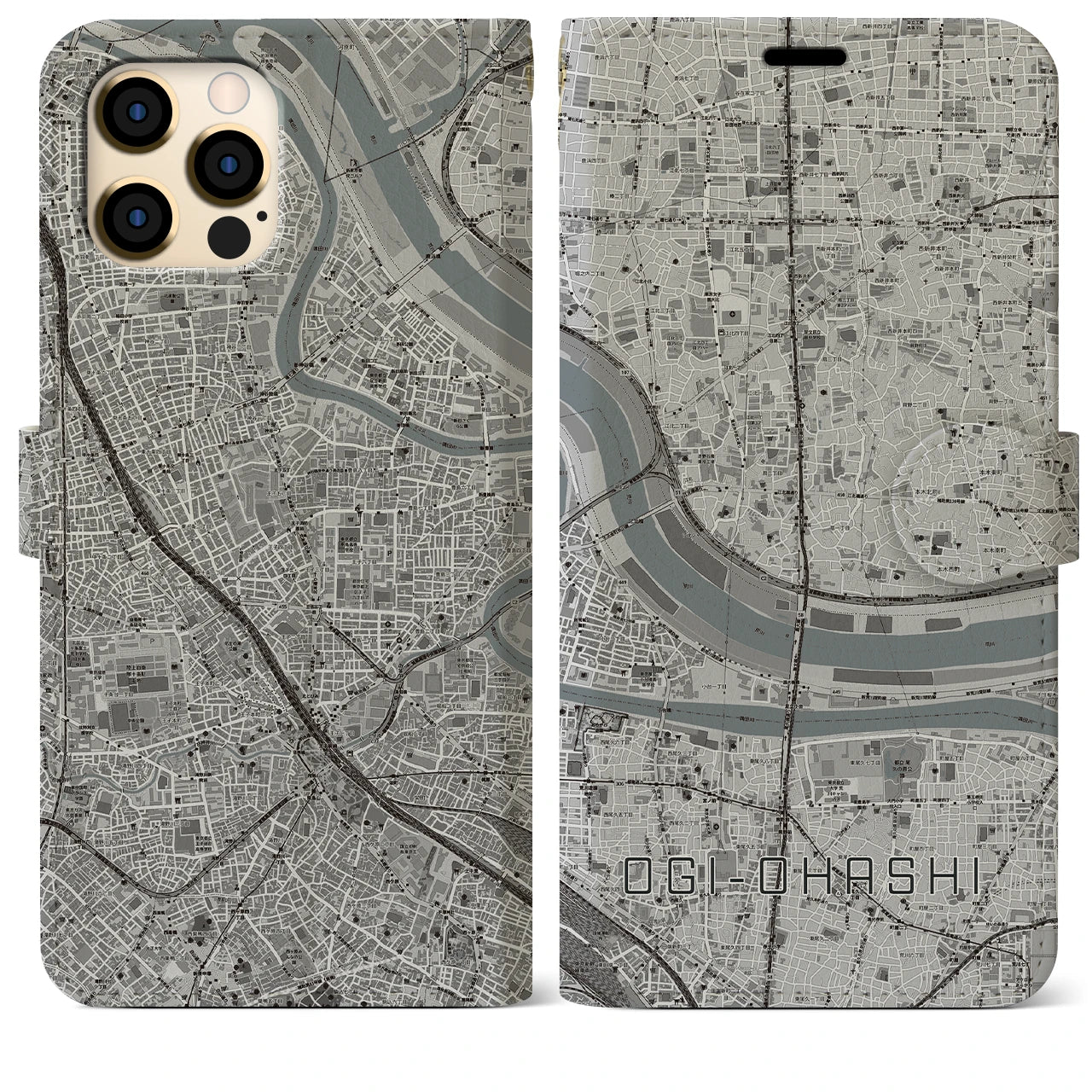 【扇大橋(東京都)】地図柄iPhoneケース(手帳タイプ)モノトーン・iPhone 12 Pro Max 用