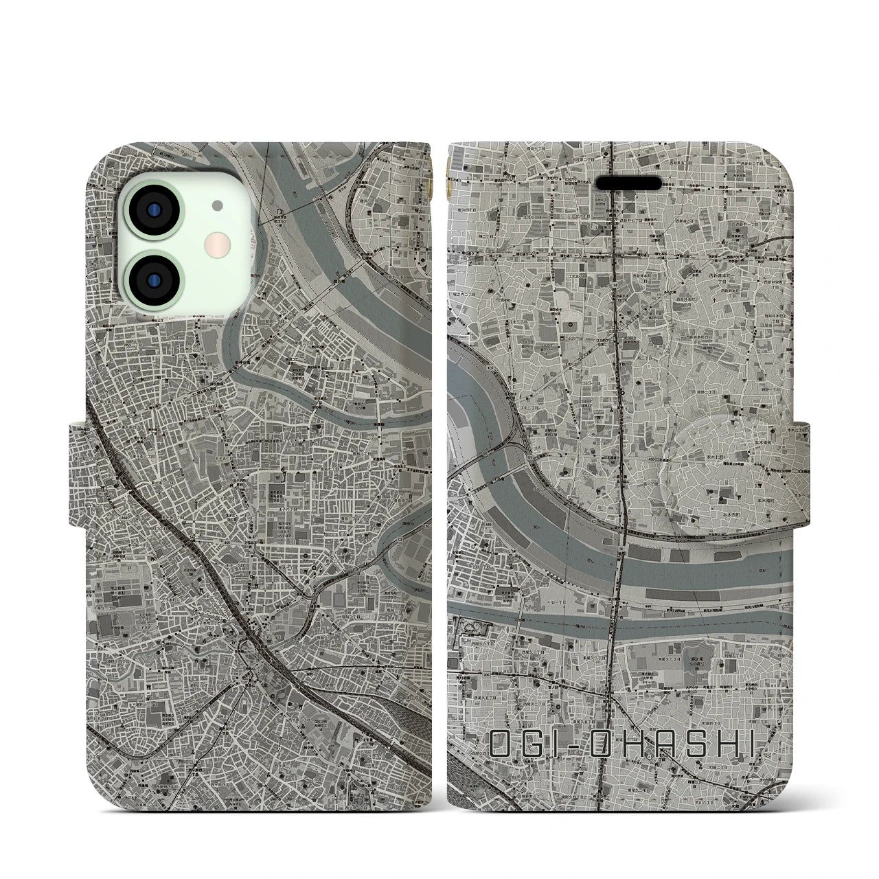 【扇大橋(東京都)】地図柄iPhoneケース(手帳タイプ)モノトーン・iPhone 12 mini 用