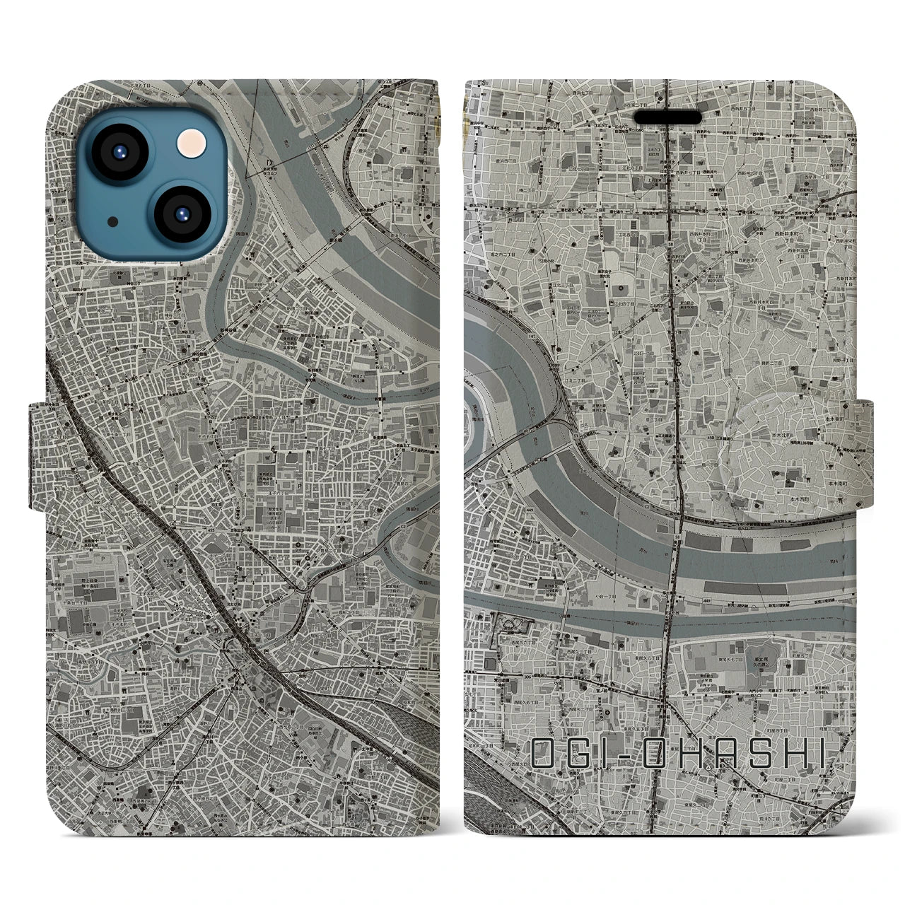 【扇大橋(東京都)】地図柄iPhoneケース(手帳タイプ)モノトーン・iPhone 13 用