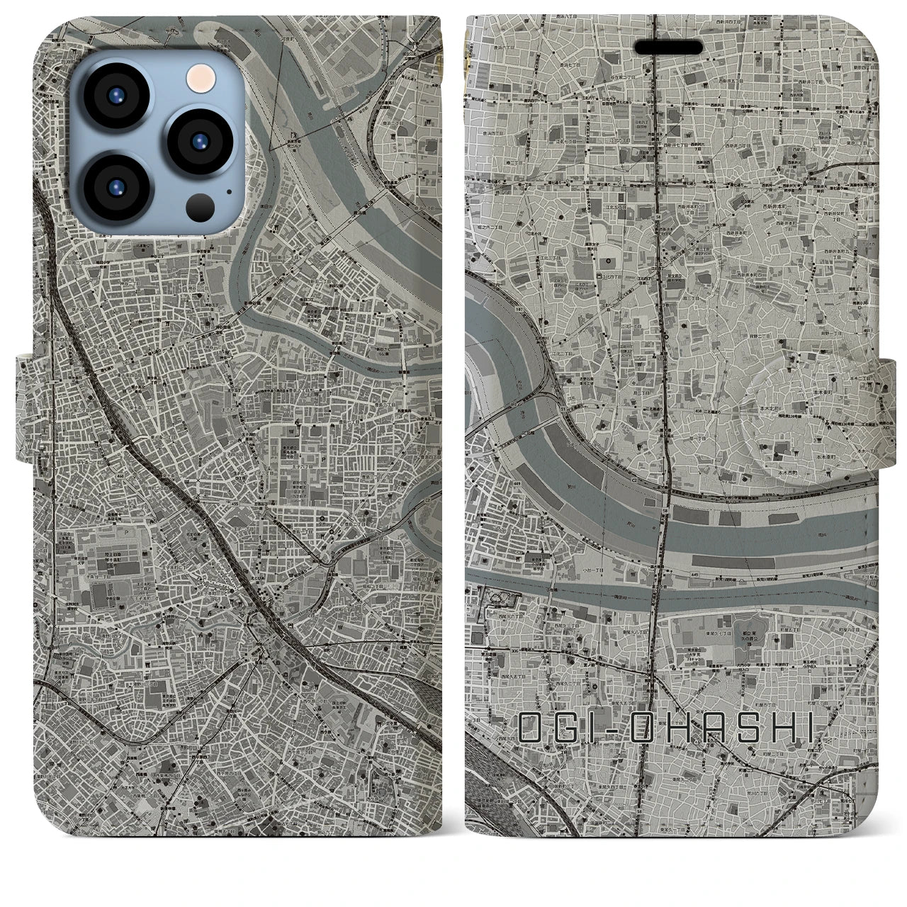 【扇大橋(東京都)】地図柄iPhoneケース(手帳タイプ)モノトーン・iPhone 13 Pro Max 用