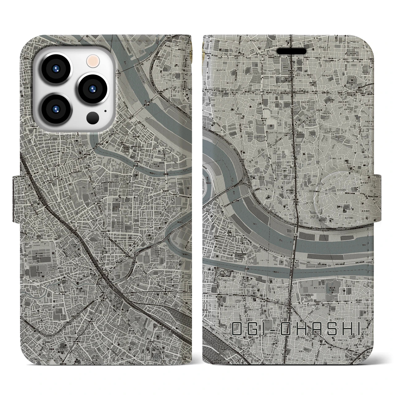 【扇大橋(東京都)】地図柄iPhoneケース(手帳タイプ)モノトーン・iPhone 13 Pro 用