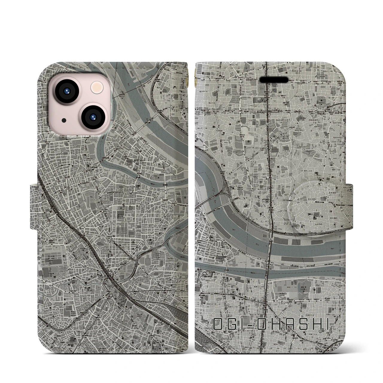 【扇大橋(東京都)】地図柄iPhoneケース(手帳タイプ)モノトーン・iPhone 13 mini 用