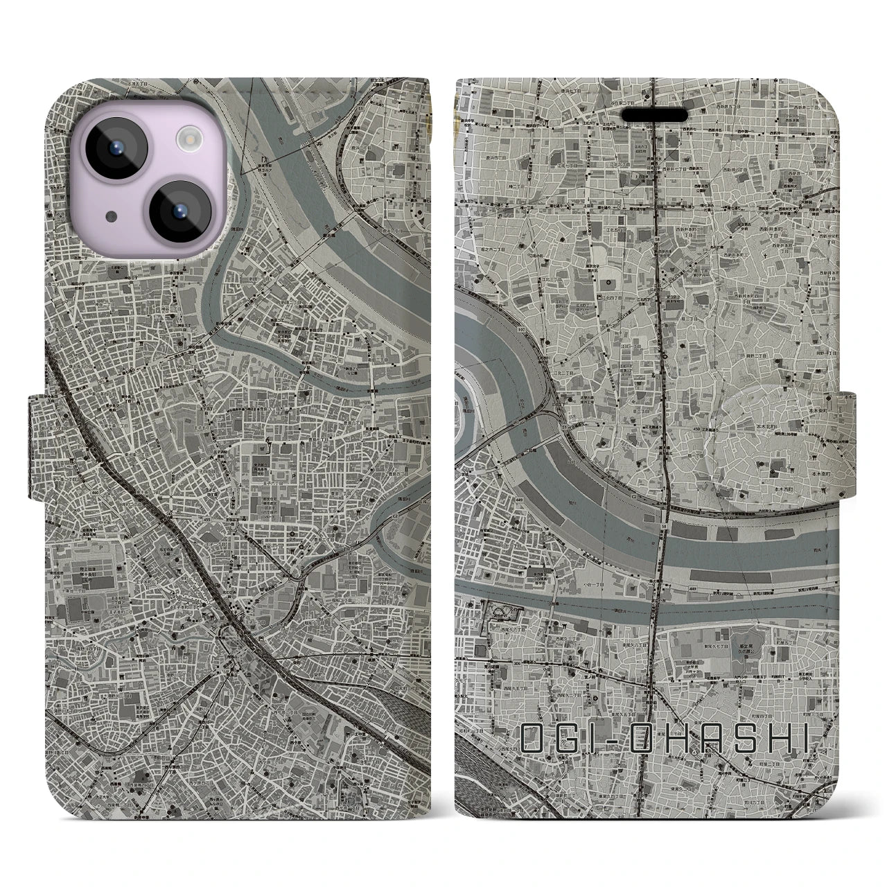 【扇大橋(東京都)】地図柄iPhoneケース(手帳タイプ)モノトーン・iPhone 14 用