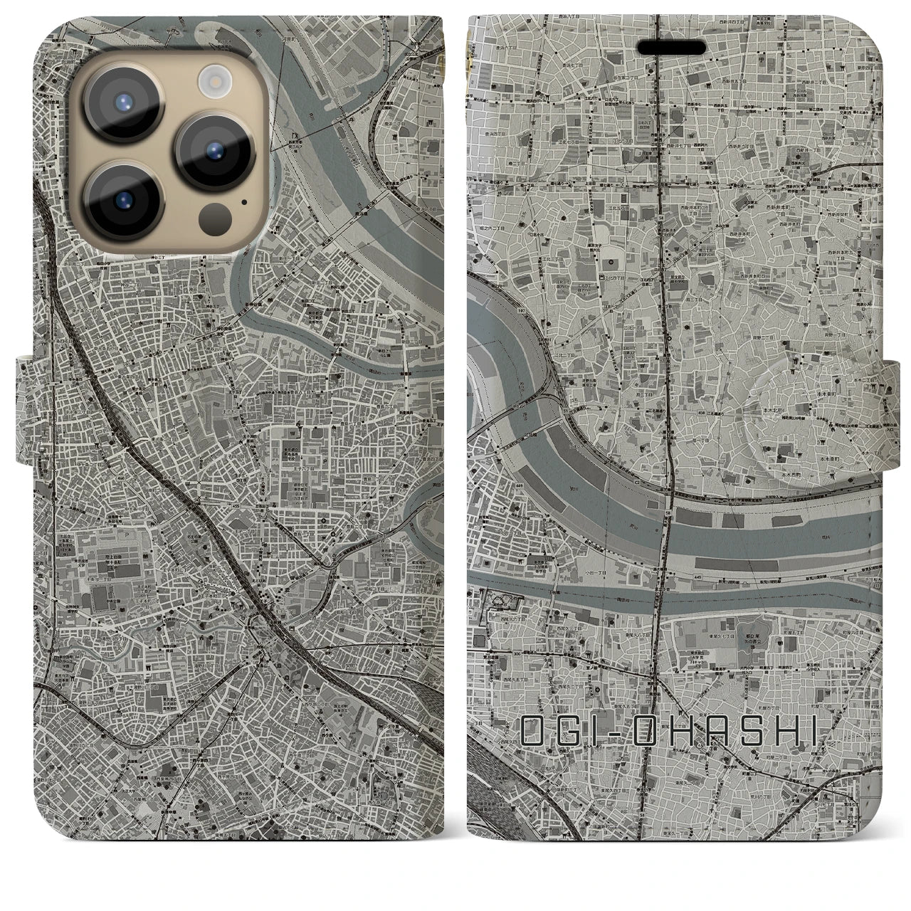 【扇大橋(東京都)】地図柄iPhoneケース(手帳タイプ)モノトーン・iPhone 14 Pro Max 用