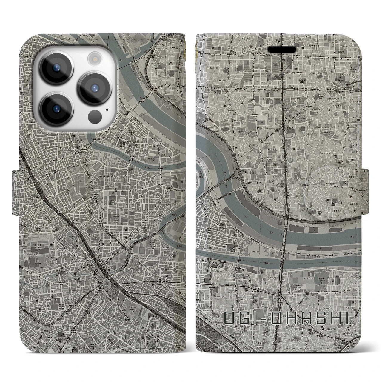 【扇大橋(東京都)】地図柄iPhoneケース(手帳タイプ)モノトーン・iPhone 14 Pro 用
