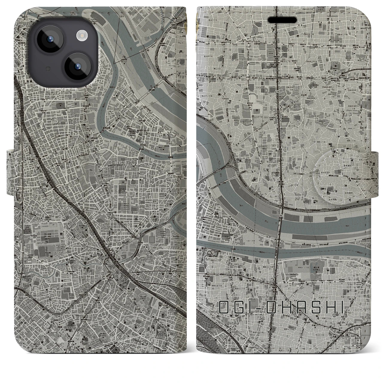 【扇大橋(東京都)】地図柄iPhoneケース(手帳タイプ)モノトーン・iPhone 14 Plus 用