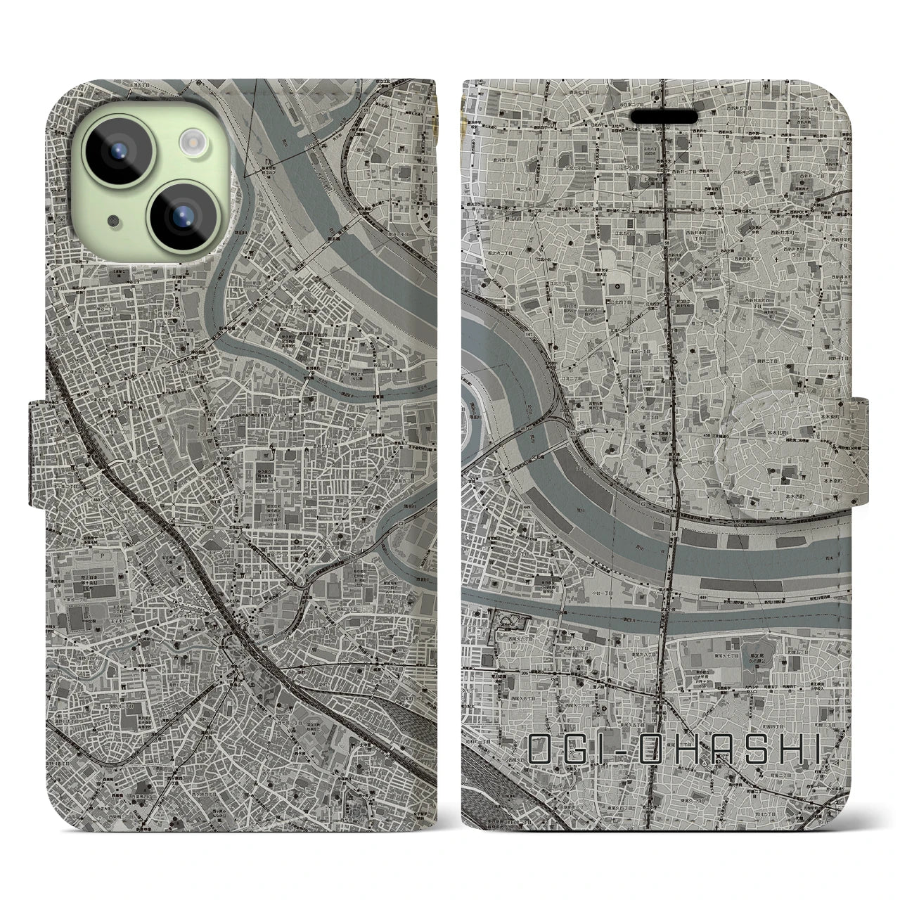 【扇大橋(東京都)】地図柄iPhoneケース(手帳タイプ)モノトーン・iPhone 15 用