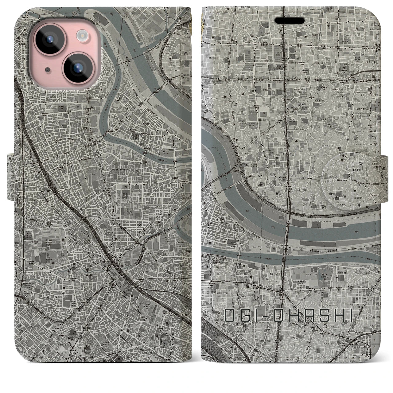 【扇大橋(東京都)】地図柄iPhoneケース(手帳タイプ)モノトーン・iPhone 15 Plus 用