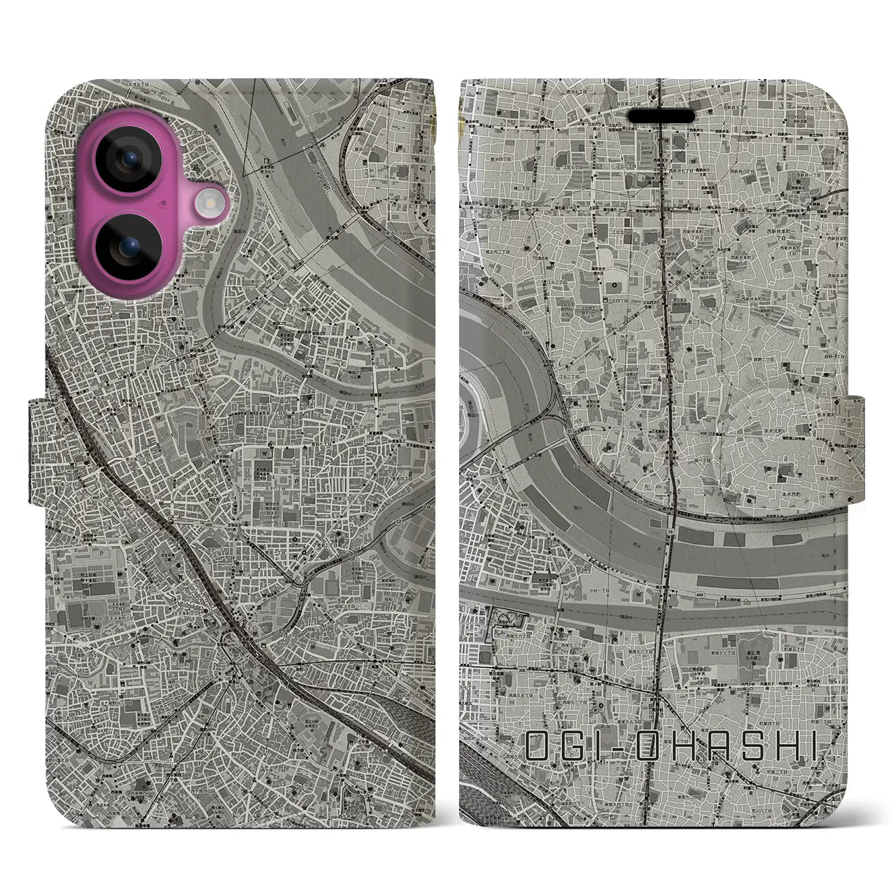 【扇大橋(東京都)】地図柄iPhoneケース(手帳タイプ)モノトーン・iPhone 16 Pro 用