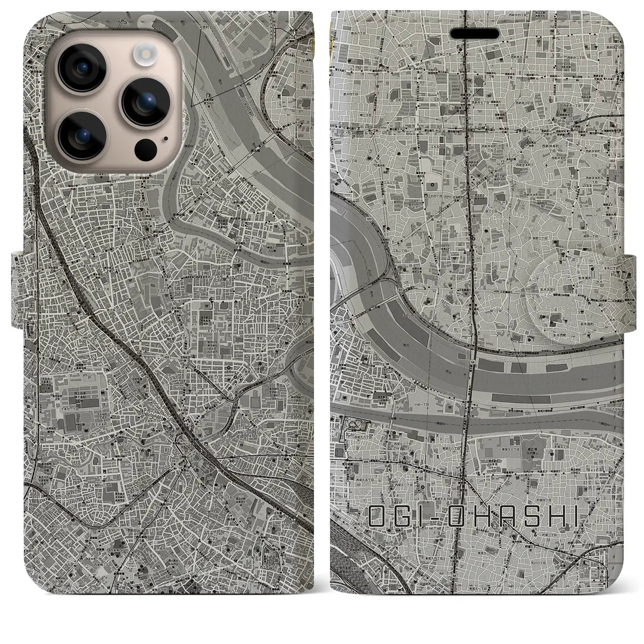 【扇大橋(東京都)】地図柄iPhoneケース(手帳タイプ)モノトーン・iPhone 16 Plus 用