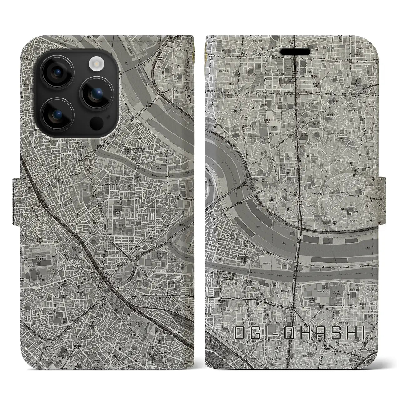 【扇大橋(東京都)】地図柄iPhoneケース(手帳タイプ)モノトーン・iPhone 16 用